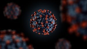 3D illustration of corona virus coronavirus COVID-2019 in microscope