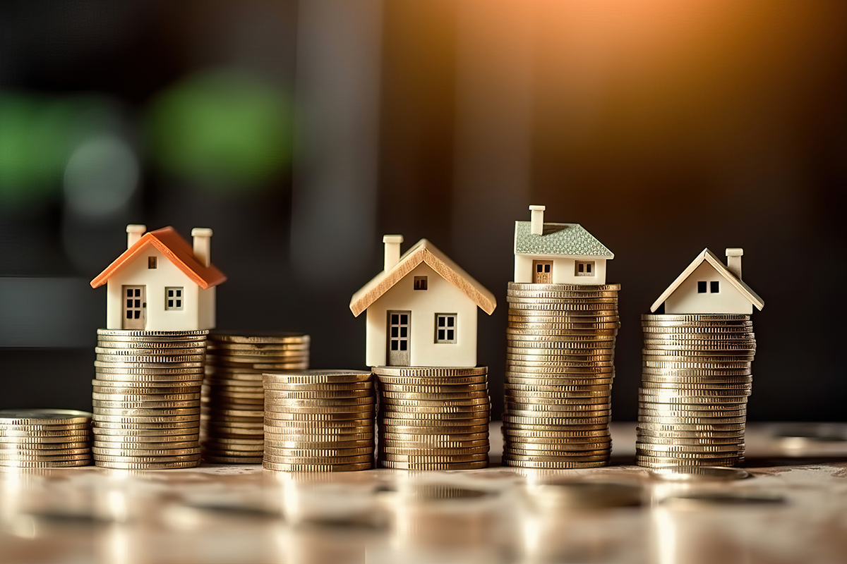 Stacks of coins and miniature houses
