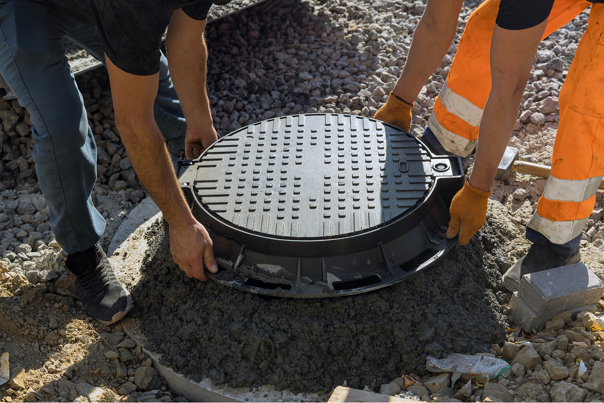 Two workers installing a sewer manhole on a septic tank